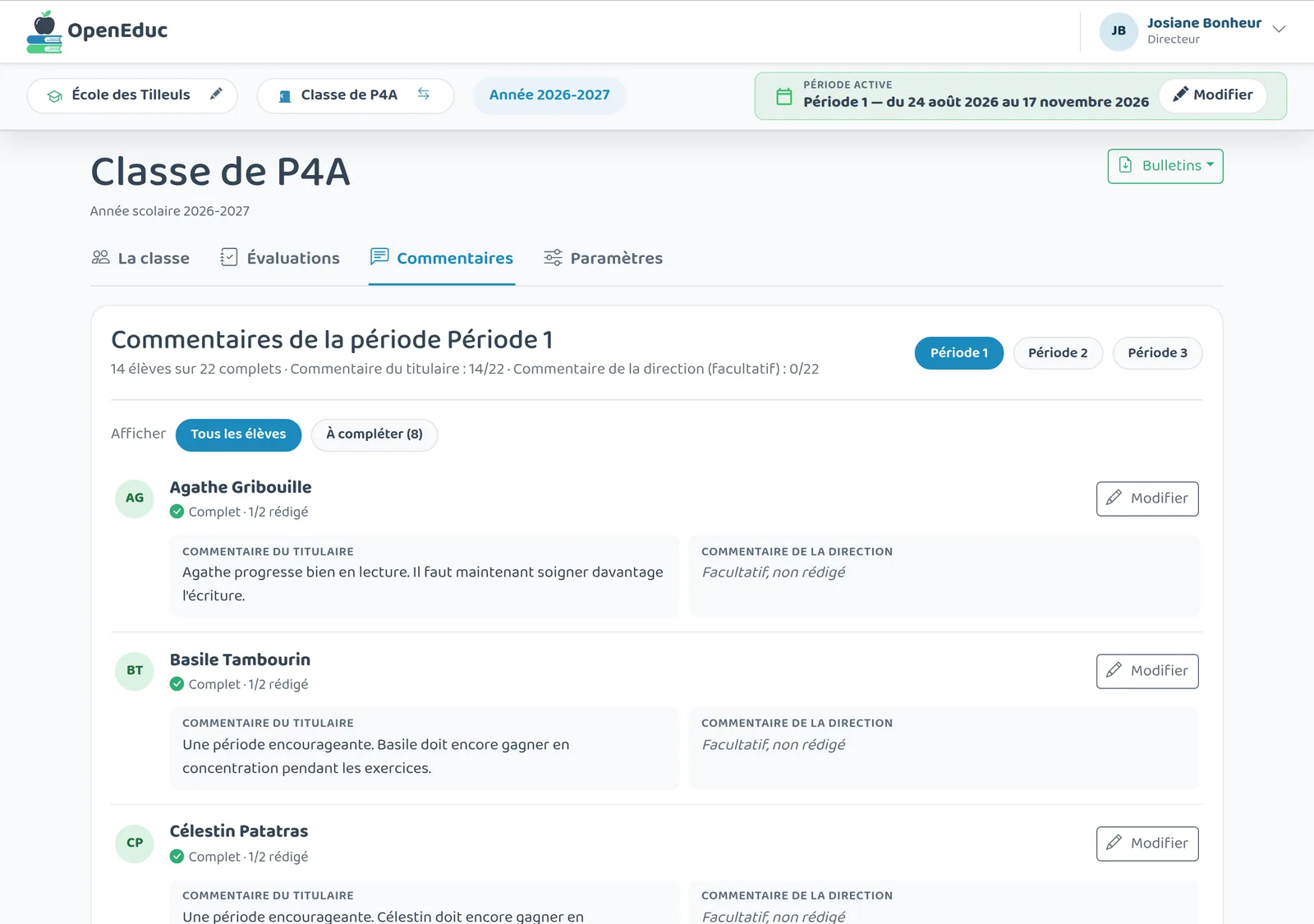 Commentaires de bulletin d'une classe dans OpenEduc : commentaire de titulaire et de direction pour chaque élève, avec ceux qui restent à rédiger