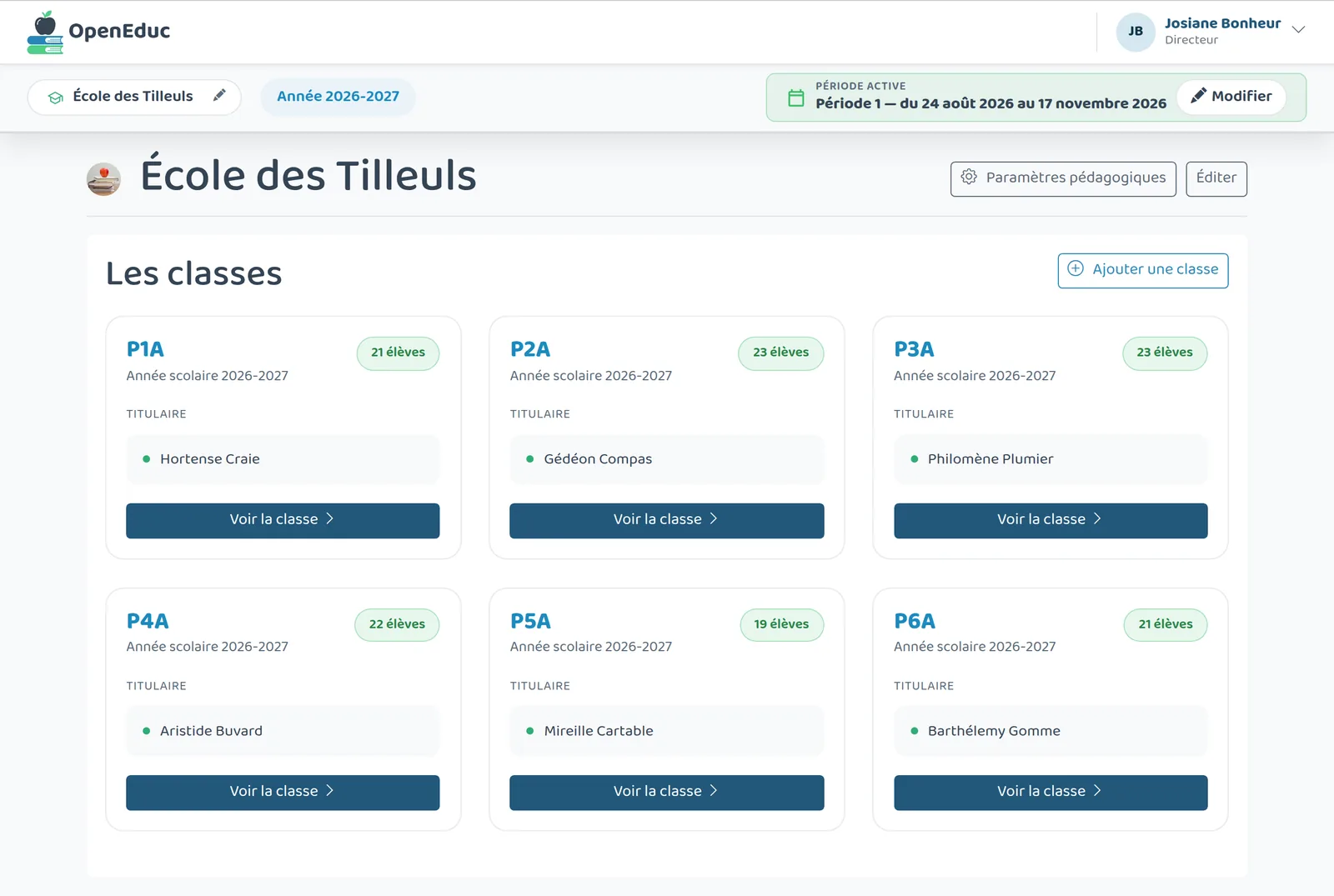 Vue d'une école dans OpenEduc : les classes de la P1 à la P6 avec leur titulaire et leur nombre d'élèves